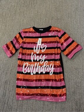 “It's My Birthday" Sequin Striped Mini dress/Pink & Orange